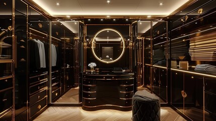 A glamorous dressing room featuring a black lacquer vanity table with a gold-framed mirror, surrounded by custom-built wardrobe cabinets with gold trim.