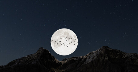 night design with big moon in the mountain digital art ,type painting ,3d illustration , high definition , wallpaper - 758486542