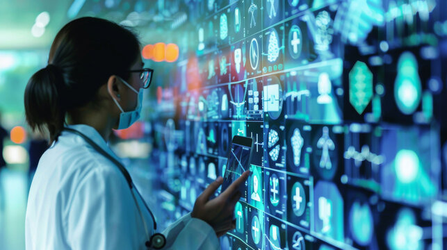 A healthcare worker examines patient health metrics on a futuristic digital interface.