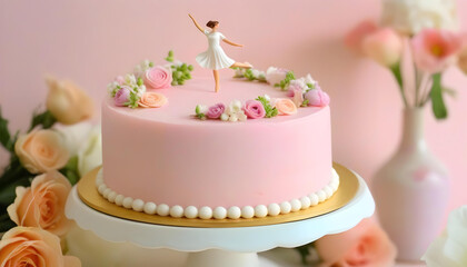 A pink cream cake decorated with flowers and a figurine of a dancing girl on top - obrazy, fototapety, plakaty