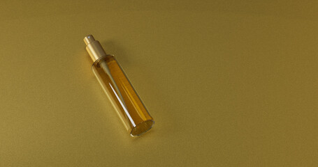A Bottle of perfume on golden background. 3d illustration. - 758486985