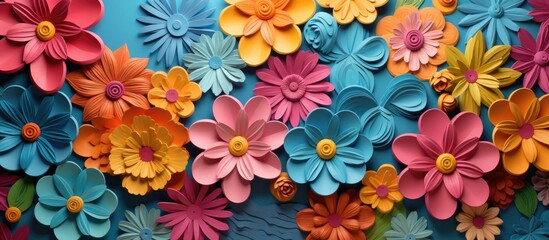 A display of colorful paper flowers on a vibrant blue background, showcasing the beauty and creativity of plantinspired art