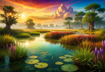 Fototapeta na wymiar Mystical Marshlands Landscape, Landscape, Marshlands, Marsh, Wetland, Swamp, Mystical, Enchanted, Fantasy, Nature, Scenery, Ethereal, Magical, Surreal, Mysterious, AI Generated