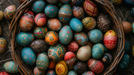 A close-up view of a basket filled with colorfully decorated Easter eggs featuring traditional patterns.