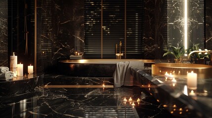 A lavish bathroom oasis featuring black marble countertops and gold fixtures, with a deep soaking tub surrounded by flickering candlelight.