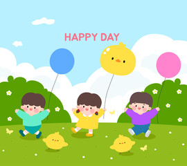 A template of children holding balloons and making happy faces