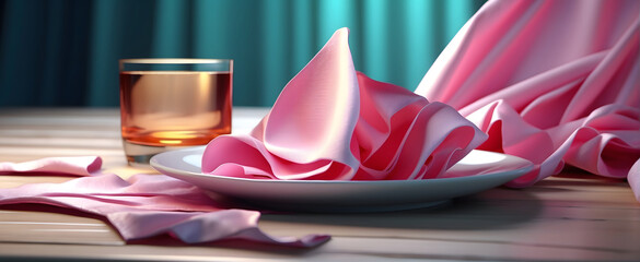 Artful presentation of a single pink rose on a white plate with contrasting pink napkins offers a sense of tranquility and class - Powered by Adobe