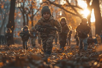 Squad of young kids, aged five, wearing camouflage gear and holding toy guns as they navigate through a makeshift obstacle course in a park, engaging in a fictitious military operation - obrazy, fototapety, plakaty