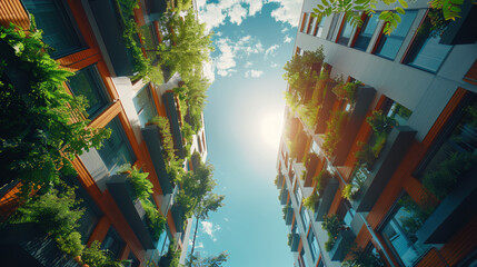 Fototapeta na wymiar Looking up at eco-friendly residential buildings with green plant balconies against the clear sky.