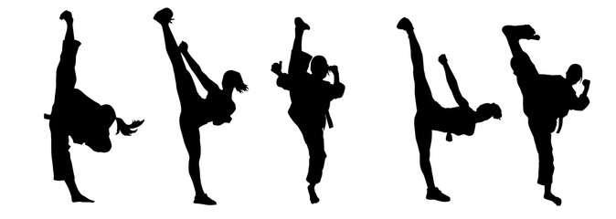 Collection silhouette of women doing a martial art kick. Silhouette group of sporty females doing kicking movement.