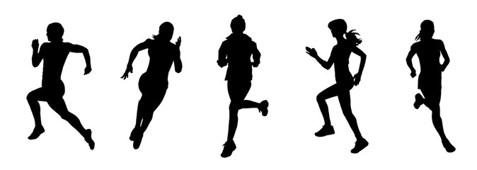 Collection silhouette of a sporty female in running pose. Group silhouette of woman runners - obrazy, fototapety, plakaty