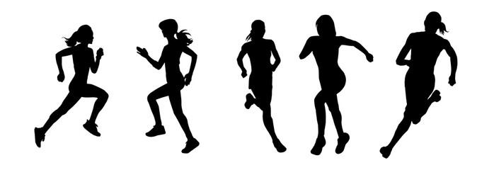 Collection silhouette of a sporty female in running pose. Group silhouette of woman runners