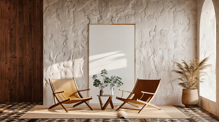 Scandinavian Living Room with Modern Armchair, Wooden Floor, and Minimalist Wall Art Decor