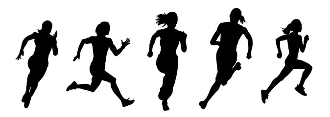 Collection silhouette of a sporty female in running pose. Group silhouette of woman runners