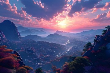 Asia sunset valley view. Generative Ai. 