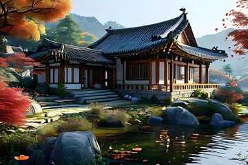 Poster South Korea traditional house, hanok. Generative Ai. © 태현 김