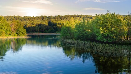 Fototapeta na wymiar Green forest and blue lake landscape. Seen at sunset in the summer