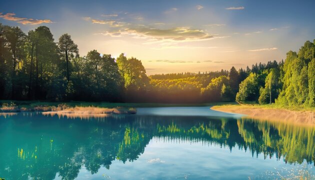 Green forest and blue lake landscape. Seen at sunset in the summer