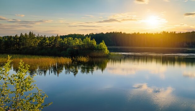 Green forest and blue lake landscape. Seen at sunset in the summer