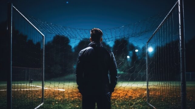 Rear view of soccer player standing near fence in field at night