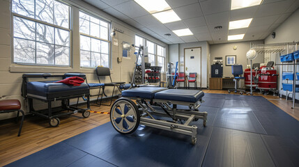 An empty physical therapy room equipped with rehabilitation equipment, ready for patients.
