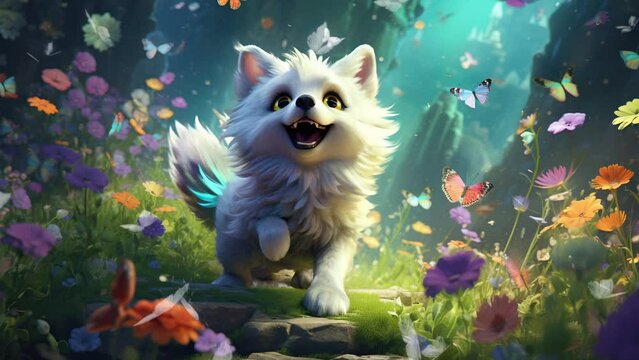 Adorable playful fluffy wolf enjoying a lively romp in the snowy wilderness  Seamless looping 4k time-lapse virtual video animation background. Generated AI