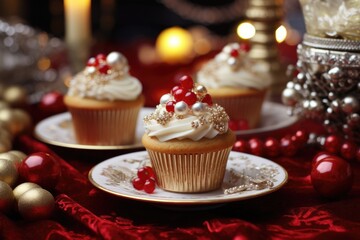 Christmas Cupcakes: Jewelry on a table with Christmas-themed cupcakes and treats.