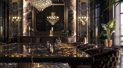 Fototapeta na wymiar A sophisticated dining area featuring a black marble table with gold inlays, surrounded by plush velvet chairs and illuminated by a dazzling chandelier.