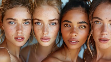 Natural beauty of asian, african-american and caucasian women with clean healthy glowing perfect facial skin studio portrait. - obrazy, fototapety, plakaty