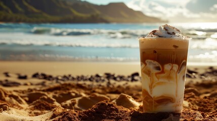 An iced coffee with Hawaiian sea salt cream on a beach. Refreshing iced coffee with creamy foam and cocoa powder on the sand of a peaceful Hawaiian beach.