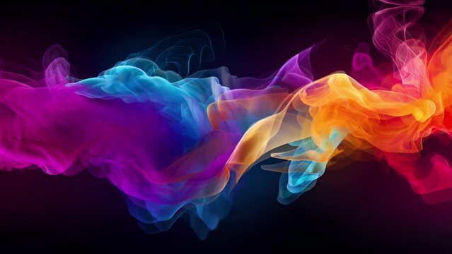 The liquid smoke wavy randomly with a combination of sky blue, pink, purple, yellow, dark; is perfect for background projects; 4k virtual video animation.