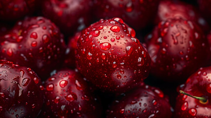 Top view fresh berries, cranberrys, blueberrys, cherries fruits with visible water drops