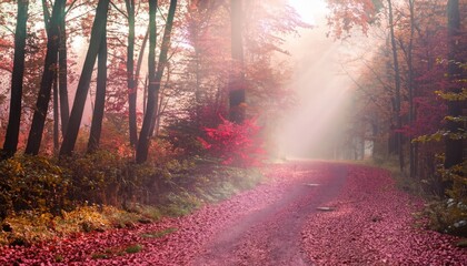 Sunlight falls on the rural lane in the misty autumnal forest
