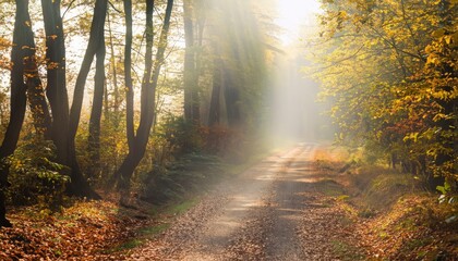 Fototapeta premium Sunlight falls on the rural lane in the misty autumnal forest