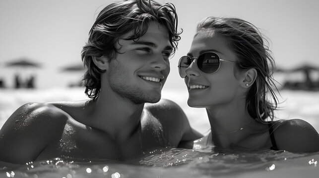 Ocean - swimming - vacation - getaway - holiday - escape - couple - romantic - close-up shot - black and white photograph 