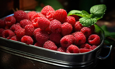 Ripe raspberries in a tin cup on a blurred background.