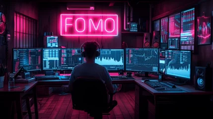 Fotobehang FOMO - Fear of missing out - stock market - crypto - Bitcoin - multiple monitors - stock charts - Wall Street - stock price  © Jeff