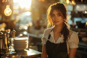 A young waitress with a warm smile poses in a softly lit cafe, exuding hospitality and charm