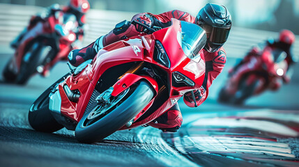 motorcycle on the street, A high-speed motorbike race with riders leaning into turns on a challenging track photography - obrazy, fototapety, plakaty