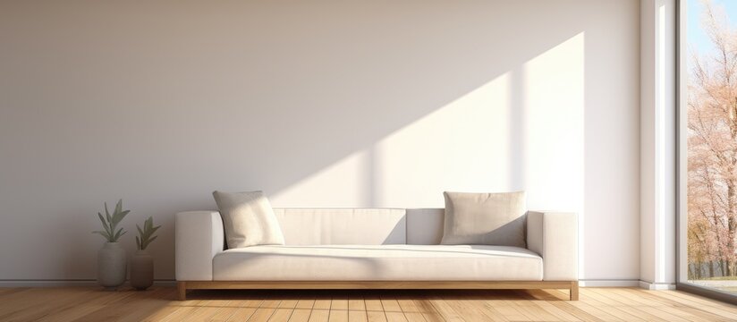 Interior design with empty painting, sofa, window, wooden floor, and clean lines.