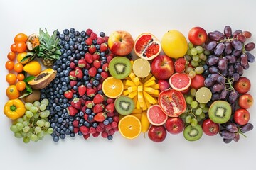 Assortment of colorful fruits arranged neatly - A vibrant display of assorted fruits, ranging from berries to tropical, arranged in a rainbow-like pattern