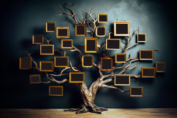 Empty picture frames on branches of a tree representing genealogy and ancestry family tree research