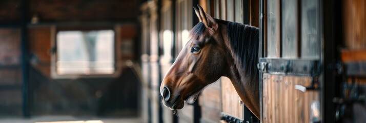 Brown horse peeking out of stable - A majestic brown horse with a shiny coat peeks out from a wooden stable, eyes full of intelligence and curiosity - obrazy, fototapety, plakaty