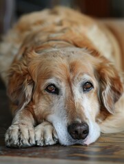 Golden retriever resting with a soulful expression - An older golden retriever lies down with a soulful expression, showcasing its wise and gentle demeanor