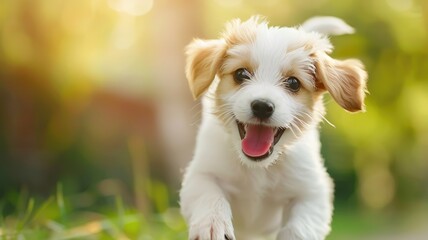 Joyful puppy playing in the sunlight - A happy, fluffy puppy is captured mid-play in a sunlit garden, showcasing its energy and joy