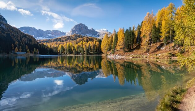 Awesome sunny autumn day in the dolomites at mountain lake surrounded