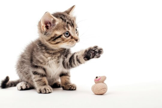 Playful kitten reaching out to toy - A small kitten adorably reaching out to bat at a stuffed bear toy on a white backdrop