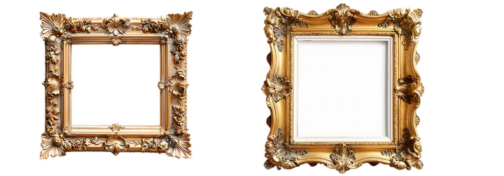 antique gold frame isolated on a transparent or white background, png	