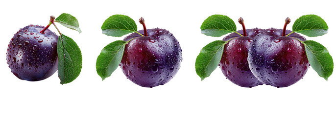 Plum Wet fruit with leaf isolated on a transparent or white background, png	