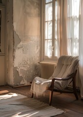 Serene living space, sunlit warmth on wooden floor, textured rug's organic appeal, aged plaster walls, vintage chair, soft daylight, balanced composition of simplicity and heritage. generative AI